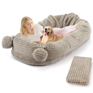 Oversized Human Size Dog Bed for Adults - 72x44 Inch Pet Sofa with Blanket - Removable & Washable Corduroy Cover - High Density Foam - 2 Storage Pockets & Carry Handles - Orthopedic Floor Lounger for Large Dogs & People - Corduroy