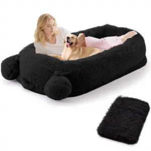 Human Dog Bed, 71 in x45 in x12 in Large Dog Bed with Blanket, Storage Pockets, Portable Handle, Removable Cover, Human Size Pet Bed for Adult, Black