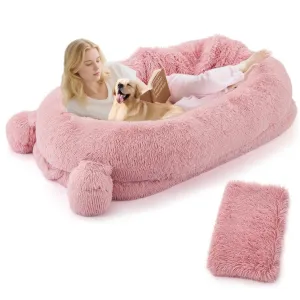 Human Dog Bed, 71 in x45 in x12 in Large Dog Bed with Blanket, Storage Pockets, Portable Handle, Removable Cover, Human Size Pet Bed for Adult, Pink