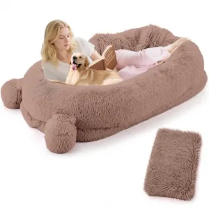 Human Dog Bed, 71 in x45 in x12 in Large Dog Bed with Blanket, Storage Pockets, Portable Handle, Removable Cover, Human Size Pet Bed for Adult, Khaki