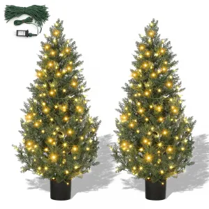 4ft Artificial Topiary Cedar Trees with 100 Light / 8 Light Modes, 2 PCS Artificial Plants Outdoor with Realistic Moss & Pot, UV Rated Fake Plants for Front Porch Decor, Living Room