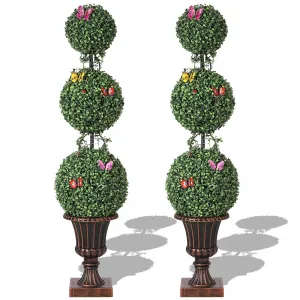4ft Artificial Triple Ball Topiary Trees with Trophies Flower Pots, Artificial Plants Outdoor with Vines & Insects Decoration, Topiary Balls Trees for Home Offices Porch Decor, Set of 2