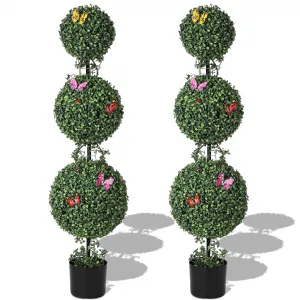 4ft Artificial Triple Ball Topiary Trees with Pot, Topiary Trees Artificial Outdoor with Moss, Vine, Insect Decor, All Year Green Outdoor Faux Plants for Front Porch, Home Decor, 2 PCS