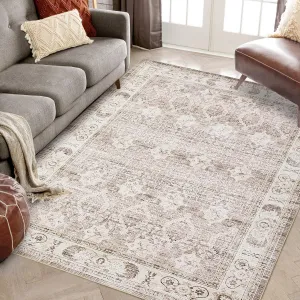 Washable Area Rugs, 8x10 Large Rugs for Living Room, Vintage Rugs for Bedroom, Velvet, Printed, Folding, and Stain Resistant Carpet for Living Room and Bedroom Decor, Beige
