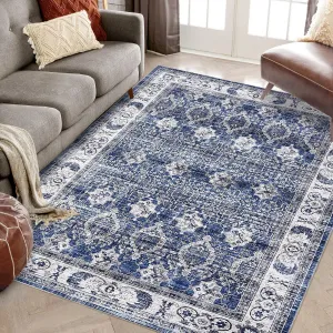 Washable Area Rugs, 8x10 Large Rugs for Living Room, Vintage Rugs for Bedroom, Velvet, Printed, Folding, and Stain Resistant Carpet for Living Room and Bedroom Decor, Blue