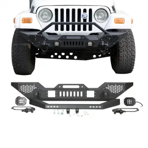 Front Bumper Compatible with Wrangler TJ 1997-2006, Full Width Off-Road Rock Crawler Bumper with 2 LED Lights, Heavy Duty Steel, Black