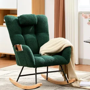Nursery Rocking Chair, 300Lb Glider Chair with Wood Legs/Two Side Pockets, Teddy Upholstered Glider Rocker with Padded Seat High Backrest for Living Room/Bedroom