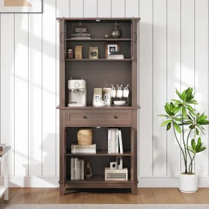 Farmhouse 72" Kitchen Pantry Coffee Bar Table with Storage Drawers & Glass Doors for Kitchen and Dining Room, Brown
