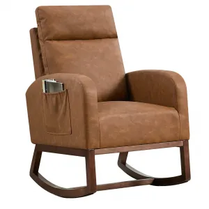 Rocking Chair Nursery, Modern PU Fabric Upholstered Glider Rocker Side Pocket, High Backrest Padded Seat Accent Armchair for Living Room, Nursery, Bedroom, Brown
