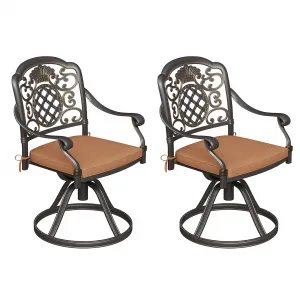 Set of 2 Swivel Outdoor Dining Chairs with 360° Swivel & Rocking, Aluminum Frame, Removable Cushions, Ergonomic Armrests, Brown, Patio & Garden Use