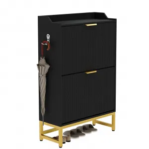 Shoe Storage Cabinet with 2 Flip Drawers, Adjustable Shelves, Metal Legs, Freestanding Wood Narrow Shoe Rack Cabinet for Entryway, Hallway, Black