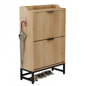 Modern Slim Entryway Shoe Storage Organizer With 2 Flip Drawers, Fluted Texture Design, Sturdy Metal Frame, Ideal for Living Room or Bedroom, Space-Saving Narrow Design