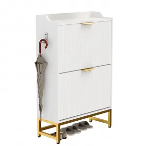 Shoe Storage Cabinet with 2 Flip Drawers, Adjustable Shelves, Metal Legs, Freestanding Wood Narrow Shoe Rack Cabinet for Entryway, Hallway, White