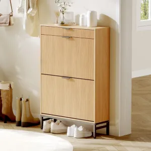 Shoe Cabinet with 2 Flip Drawers Shoe Storage Cabinet Freestanding Shoe Organizer with Drawers Narrow Shoe Rack Cabinet Farmhouse for Entryway, Oak