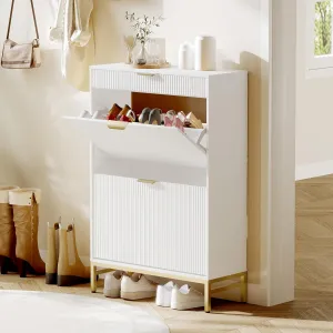 Fluted Shoe Cabinet with 2 Flip Drawers, Narrow Shoe Storage Organizer with Drawer, Farmhouse Freestanding Hidden Shoe Rack Cabinet for Entryway, Hallway, White