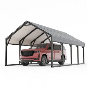 12x20 FT Metal Carport, Reinforced Frame and Steel Roof for All-Weather Use, Permanent Shelter for Bass Boats, Full-Sized Pickup Trucks, and Tractors