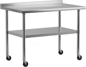 60"L x 24"W x 34"H Stainless Steel Work Table with Wheel and Backsplash, Heavy Duty Metal Table Cart Worktable, Commercial Workstation for Restaurant, Home and Hotel