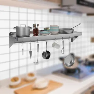 Stainless Steel Wall Mount Shelf 12 x 48 Inch, NSF Certified Shelf with 5 Hooks, 220 lb Load Capacity Floating Shelf Kitchen Storage Racks Commercial Shelves for Restaurant, Hotel and Garage