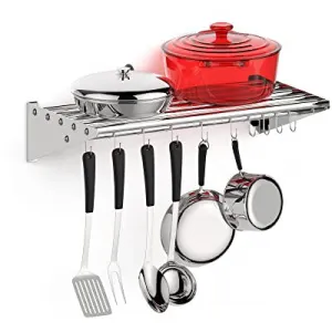 Stainless Steel Hanging Rack for Kitchen Storage and Organization, [NSF Certified] 12" W*24" L Shelf with 10 S Hooks for Hanging Pots, Pans in Home Kitchen, Restaurant & Hotel