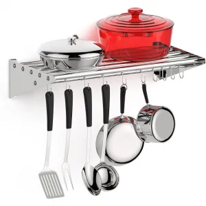 12" x 36" Stainless Steel Shelf Pot Rack NSF Certified 165lb Metal Wall Shelf with 10 S Removable Storage Hooks for Kitchen Storage & Organization Durable Pot Holder