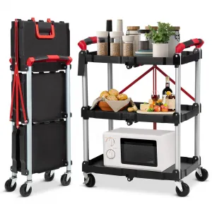 Folding Utility Service Cart, Collapsible Cart with Wheels, 3 Tier Rolling Utility Cart, Folding Cart with Wheels Collapsible, Service Cart for Tool, Grocery, Kitchen, Office