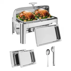 9QT(1×1/1+2×1/2Pan)Stainless Steel Roll Top Chafing Dish ,Stainless Steel Chafing Dish Set Equipped with Full Size Pan Chafer for Wedding,Parties,Banquet,Catering Event,1 Pack