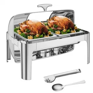 9QT(2x1/2Pan)Rectangle Roll Top Chafing Dish Buffet Set, Stainless Steel Chafing Dish Set Equipped with Full Size Pan Chafer for Wedding,Parties,Banquet,Catering Event,1 Pack