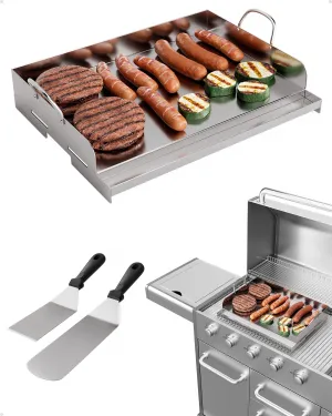 Plancha rectangular de 63,5 x 40,6 cm, acero inoxidable 430, placa rectangular con parte superior plana con 2 asas extraíbles para parrillas de carbón/gas, fiestas, camping