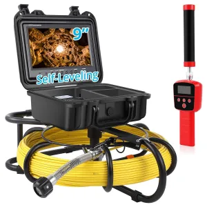 300ft Sewer Camera with Locator, Self-Leveling Snake Camera with Markings, 9" HD LCD Screen, DVR, Adjustable LEDs, 16GB SD Card, IP68 Waterproof for Sewer Inspection