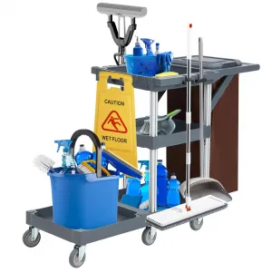 Commercial Janitorial Cleaning Cart Housekeeping Caddy on Wheels with 3 Shelves for Housekeeping & Room Service