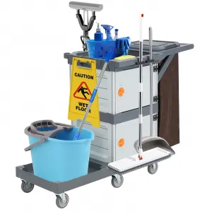 Commercial Janitorial Cart Housekeeping Caddy with 2 Cabinets and Cover for Housekeeping & Room Service