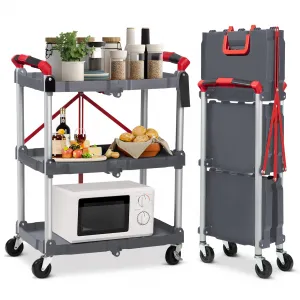 3 Tier Folding Utility Service Cart, 56lb/Tier 360 Swivel Collapsible Cart with Wheels, Folding Cart with Wheels Collapsible, Service Cart for Tool, Cleaning, Bar, Garage, Kitchen, Office Grey