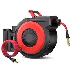 Retractable Air Hose Reel 1/2 IN x 50 FT with 5 FT Lead in Max 300 PSI, 180° Swivel Bracket Wall Mount Hybrid Air Compressor Hose Reel with Quick Coupler for Garage Workshop