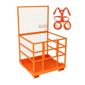 43x45 Inch Forklift Safety Cage, 1800LBS Capacity Forklift Man Basket Work Platform with Guardrail and Safety Lock for 1-3 People, 2 Wheels with Brakes and 2 Wheels Without Brakes