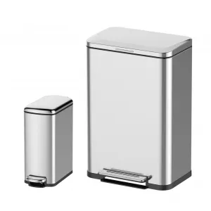 13 Gallon & 2.1 Gallon Trash Can Combo Set, Stainless Steel Kitchen Garbage Can with Foot Pedal Quiet-Close Lid, 50 Liter and 8 Liter Capacity, Silver