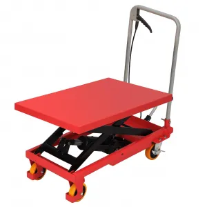 Hydraulic Lift Truck, 500 Lb Capacity 28.5 Inch Lift Height, Manual Single Scissors Lift Platform, 4 Wheels and Non-Slip Pad, Hydraulic Scissors Truck for Material Handling, Red