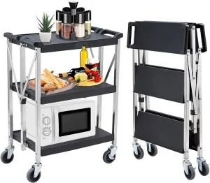 3-Shelf Foldable Service Cart, 330Lbs Capacity, Lockable Swivel Wheels, Portable Utility Cart for Home, Office, and Warehouse