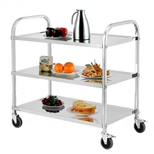 3 Tier Heavy Duty Trolley Rolling Cart, Stainless Steel Utility Cart with Handle and Locking Wheels, for Kitchen, Restaurant, Hospital, Laboratory and Home, 265Lbs - 85x45x90CM