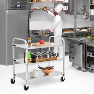 3 Tier Heavy Duty Trolley Rolling Cart, Stainless Steel Utility Cart with Handle and Locking Wheels, for Kitchen, Restaurant, Hospital, Laboratory and Home, 265Lbs - 95x50x95CM