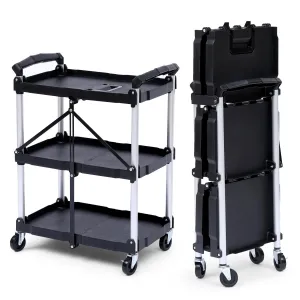 Folding Utility Cart with Wheels - Foldable 3-Tier Rolling Cart with Lockable Wheels, Portable Tool Cart for Office, Warehouse, Home, Garage, Kitchen