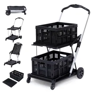 Folding Grocery Cart on Wheels - Portable, 2 Tier Rolling Cart, High Capacity, Smooth Movement, PP Wheels, Versatile Use