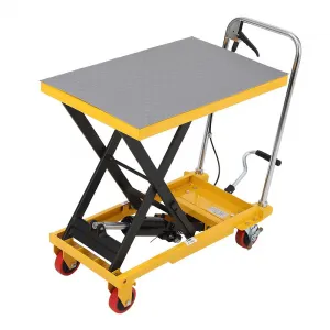 Hydraulic Lift Table Cart 500lbs, Lift Table Capacity 28.5" Lifting Height, Manual Single Scissor with 4 Wheels and Non-Slip Pad Thickness 3mm for Material Handling and Transportation Yellow