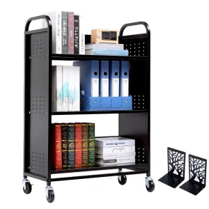 Book Cart with Wheels, 200LBS Steel Library Cart, 30x14x49 Inch Rolling Carts with 3 Layer Bookshelf, Single Sided V-Shaped Shelves, Lockable Bookcase Truck for Office, Home, School Organizer (Black)