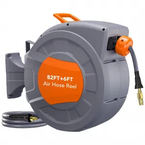 Retractable Air Hose Reel 82 FT x 3/8 IN with 6 FT Lead in Max 300 PSI, 180° Swivel Bracket Wall Mount Hybrid Air Compressor Hose Reel with Quick Coupler for Garage Workshop