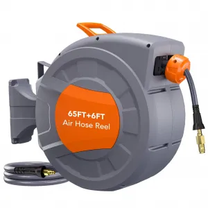 Retractable Air Hose Reel - 65 FT x 3/8 IN with 6 FT Lead in Max 300 PSI, 180° Swivel Bracket Wall Mount Hybrid Air Compressor Hose Reel with Quick Coupler for Garage Workshop