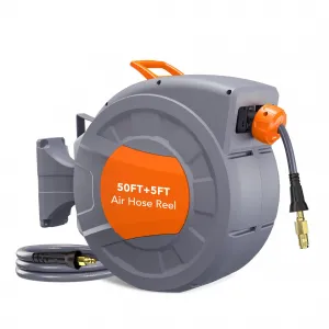 Retractable Air Hose Reel 50 FT x 3/8 IN with 5 FT Lead in Max 300 PSI, 180° Swivel Bracket Wall Mount Hybrid Air Compressor Hose Reel with Quick Coupler for Garage Workshop