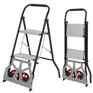 Lightweight Luggage Dolly Cart Foldable with 2 Wheels, 2 in 1 Aluminum Collapsible Hand Truck with 2 Step Ladder, Portable for Shopping, Goods & Groceries 250lbs Capacity