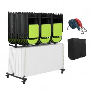 Folding Table and Chair Cart, Folding Chair Strorage Rack with Cover, Height Adjust, PVC Lock Wheels, 530 LBS Capacity for 84 Chair, Heavy Duty Metal Chair Rack.