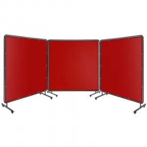 3 Panel 6x6 FT Vinyl Welding Screen with Frame, Flame-Resistant PVC, Lockable Swivel Wheels, Red for Welding Safety