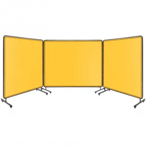 3 Panel 8x6 FT Vinyl Welding Screen with Frame, Flame-Resistant Yellow PVC for Welding Safety, Lockable Swivel Wheels